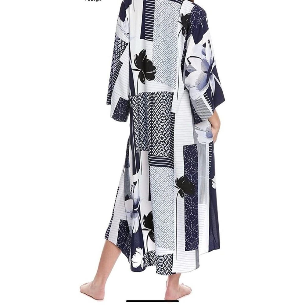 Natori Women Navy White Patchwork Floral Geometric Caftan Maxi Dress XS Pockets - Picture 2 of 7